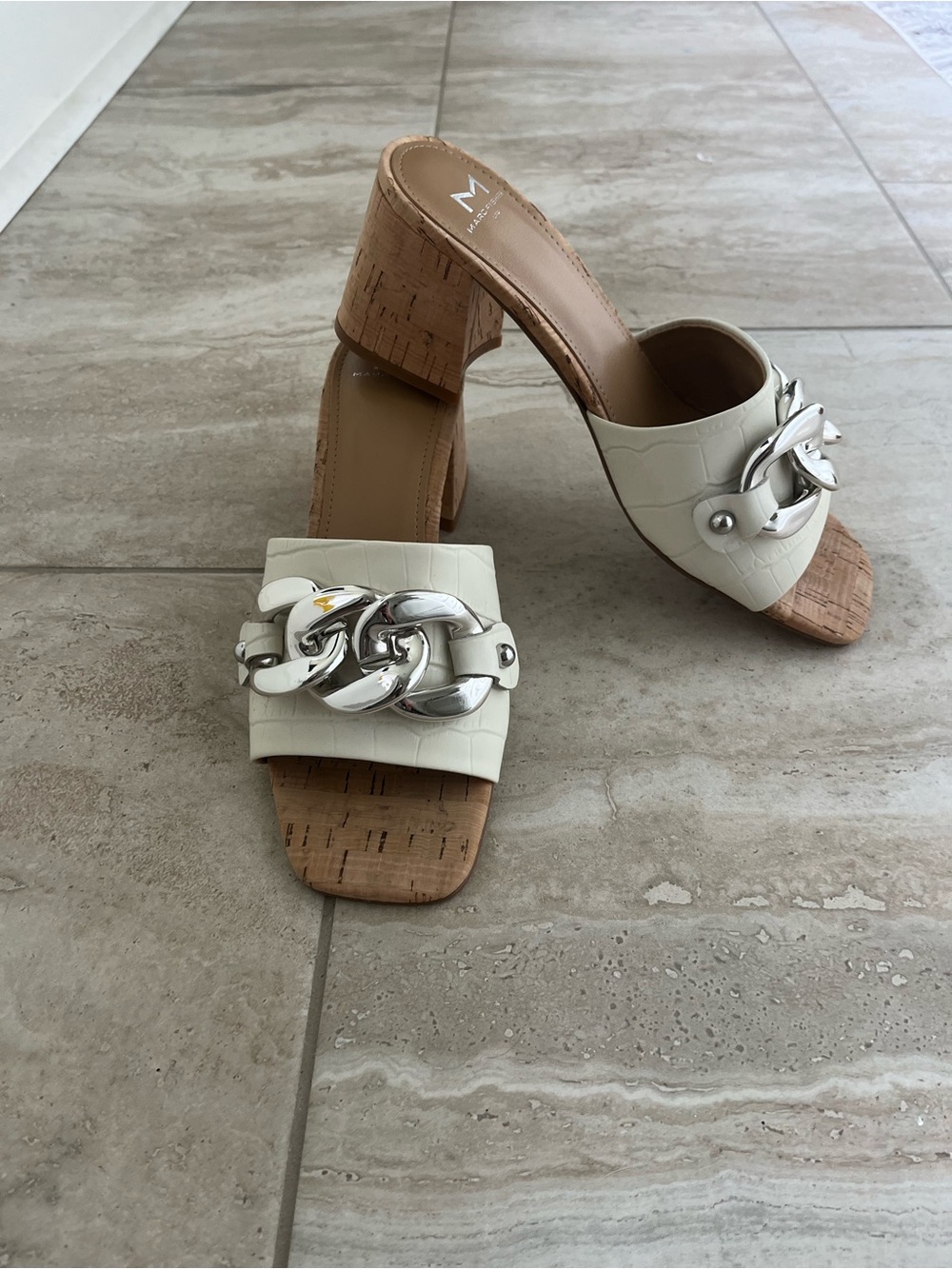 MIA White Croc-Embossed Cork Block Heel Mules with Silver Chain